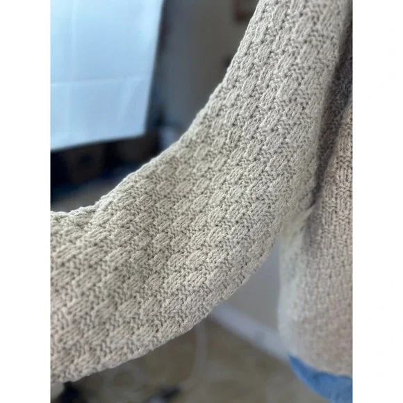 BIBI NWT SZ LGE Denim Trucker Cardigan Sweater Combo Tan Knit Oversized Layering - Picture 9 of 16